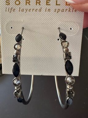 Sorrelli Silver-Tone Hoop Earrings with Black Stones and Clear Crystals